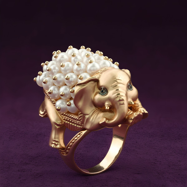 Кольцо из красного золота 585 пробы c эмалью и жемчугом