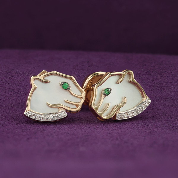 Серьги из красного золота 585 пробы c бриллиантами, изумрудом и перламутром