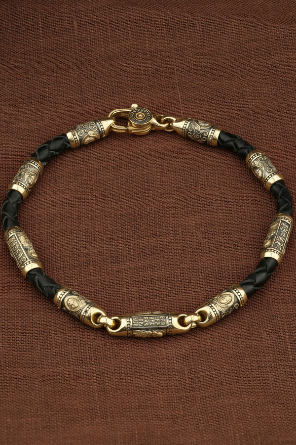 Браслет из лимонного золота 585 пробы c кожаным шнурком