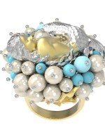 Кольцо из лимонного золота c жемчугом и бирюзой