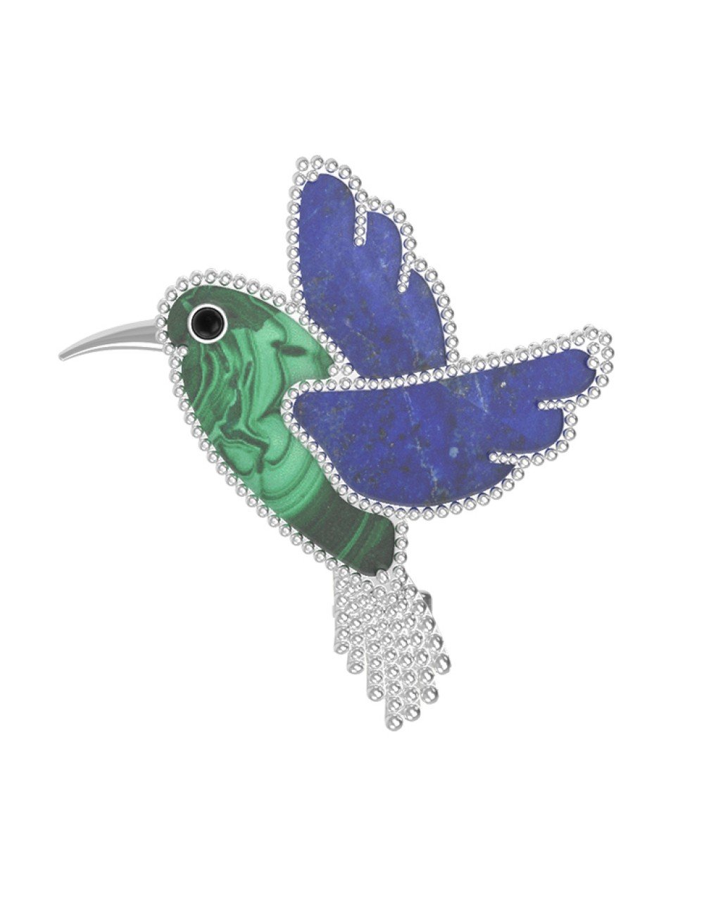 Брошь из белого золота c эмалью, лазуритом и малахитом