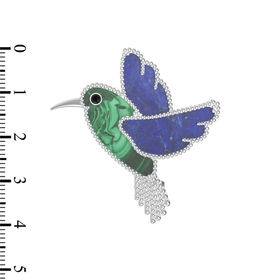 Брошь-подвеска из белого золота 585 пробы c эмалью, лазуритом и малахитом