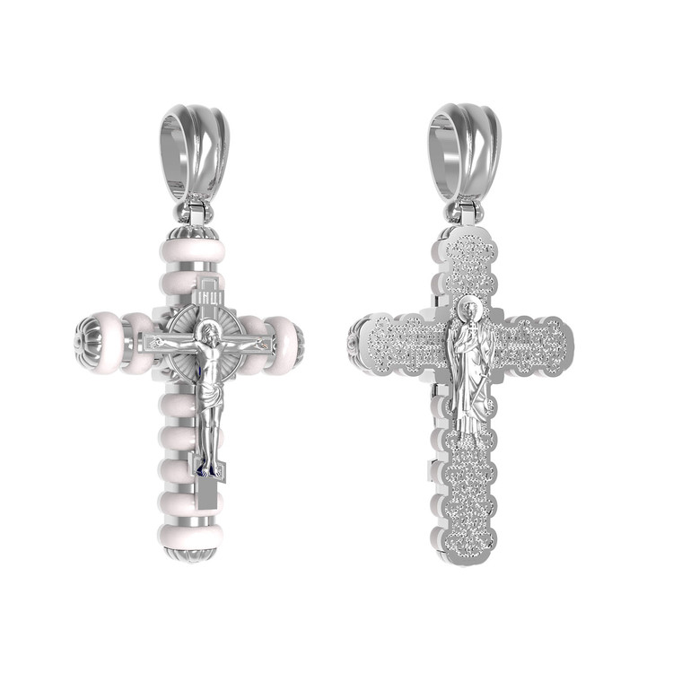 Крест из белого золота 585 пробы c кахолонгом