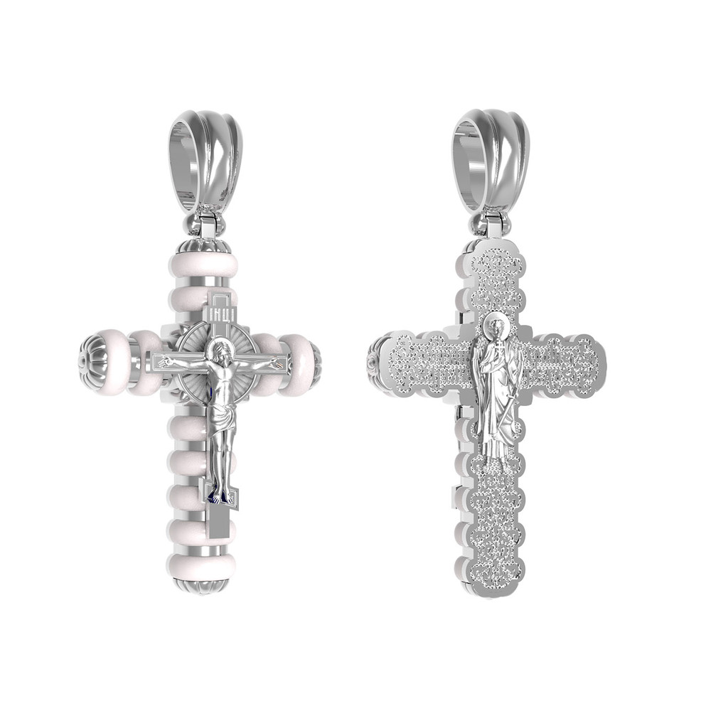 Крест из белого золота 585 пробы c кахолонгом