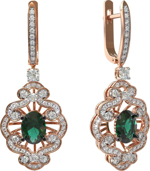 Серьги из красного золота 585 пробы c бриллиантами и изумрудом