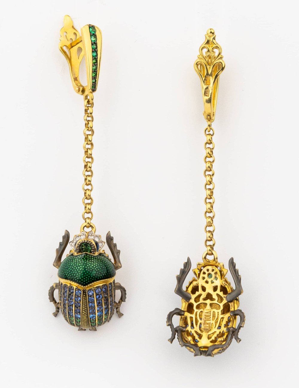 Серьги из лимонного золота c эмалью, фианитом, турмалином и сапфиром