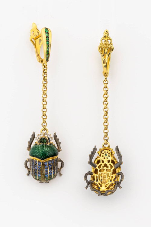 Серьги из лимонного золота 585 пробы c эмалью, фианитом, турмалином и сапфиром