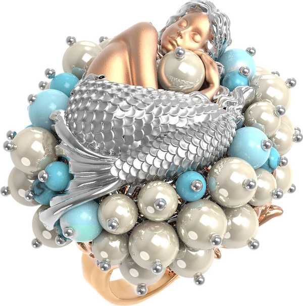 Кольцо из красного золота 585 пробы c жемчугом и бирюзой