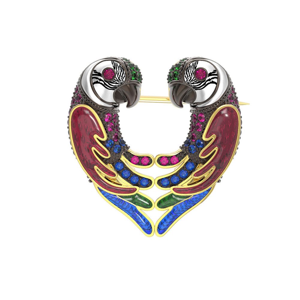 Брошь из лимонного золота 585 пробы c эмалью и фианитом