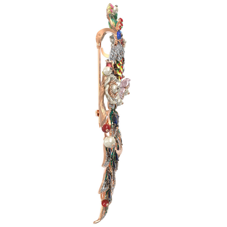 Брошь-подвеска из красного золота 585 пробы c эмалью, фианитом, гранатом, жемчугом, сапфиром, кораллом и перламутром