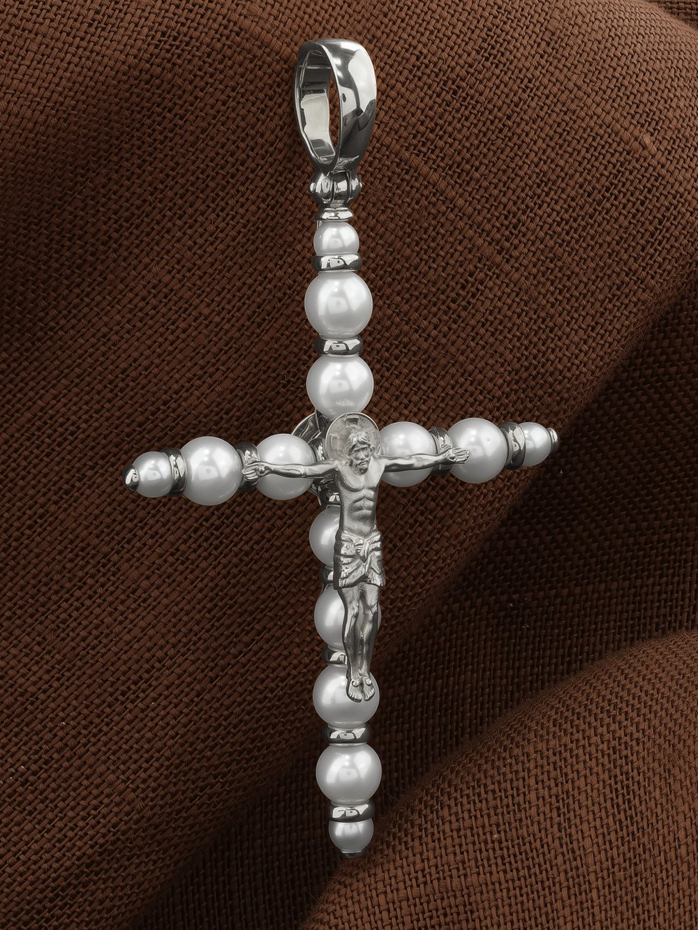 Крест из белого золота 585 пробы c жемчугом