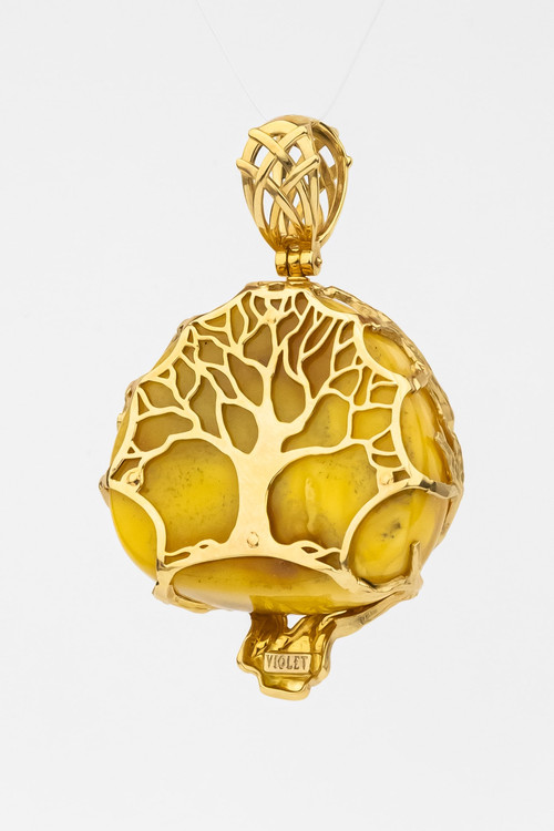 Подвеска из лимонного золота 585 пробы c росписным янтарём