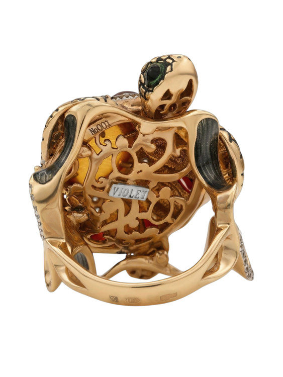 Кольцо из красного золота 585 пробы c эмалью, фианитом, гранатом и янтарём