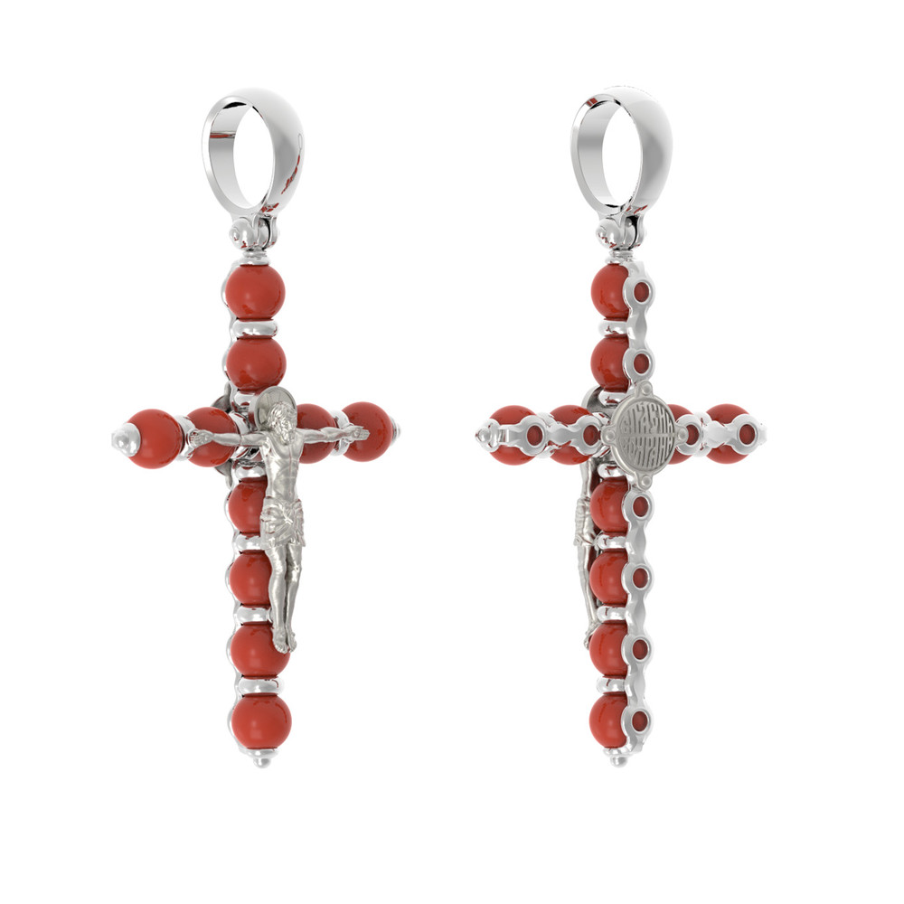 Крест из белого золота 585 пробы c кораллом