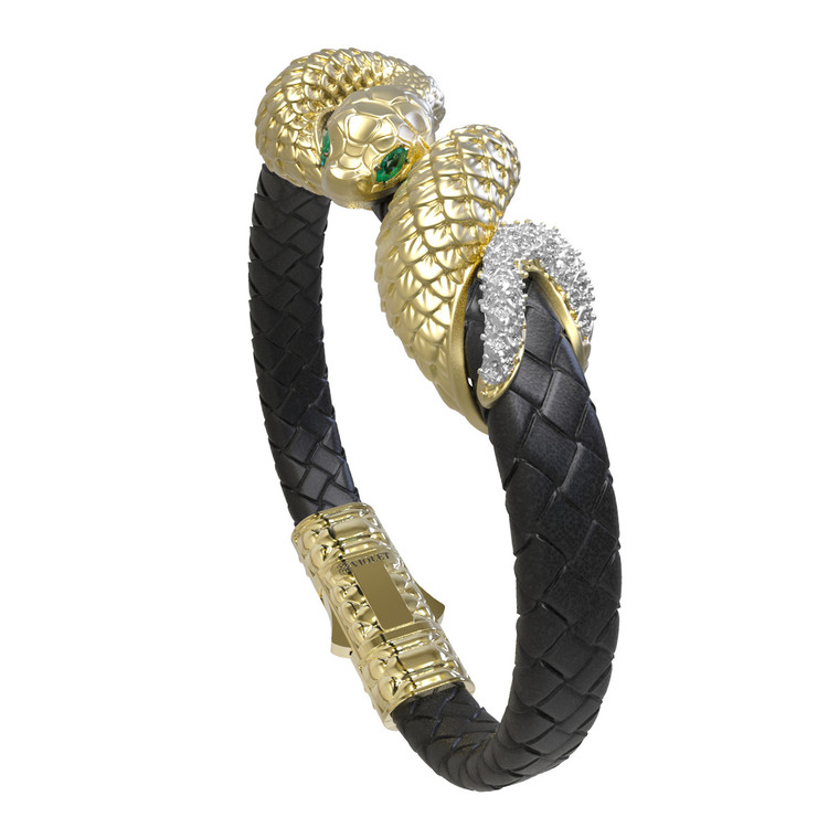 Браслет из лимонного золота 585 пробы c бриллиантами, изумрудом и шнурком