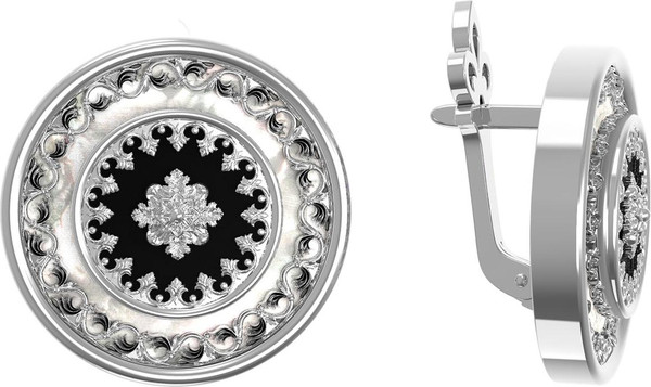 Серьги из белого золота 585 пробы c ониксом и перламутром