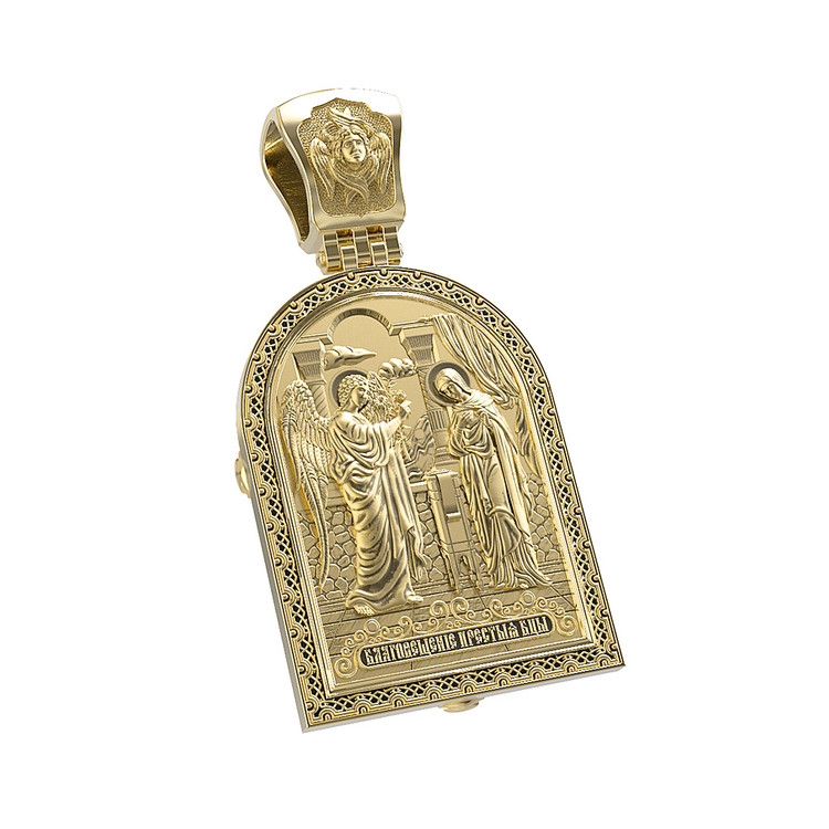 Нательная икона из лимонного золота 585 пробы c эмалью и бивнем мамонта