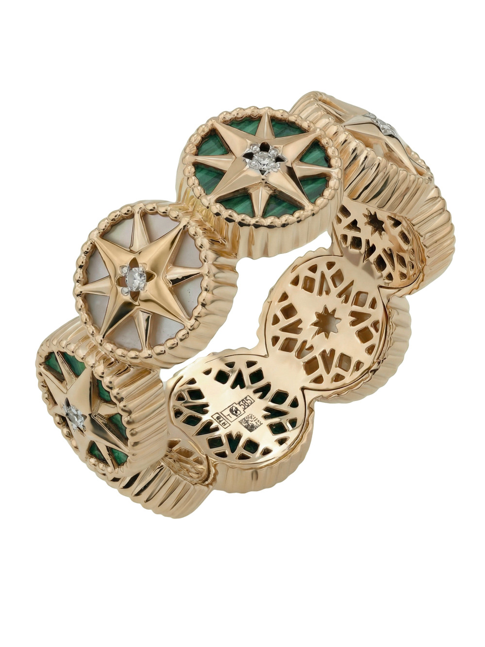 Кольцо из красного золота 585 пробы c бриллиантами, малахитом и перламутром