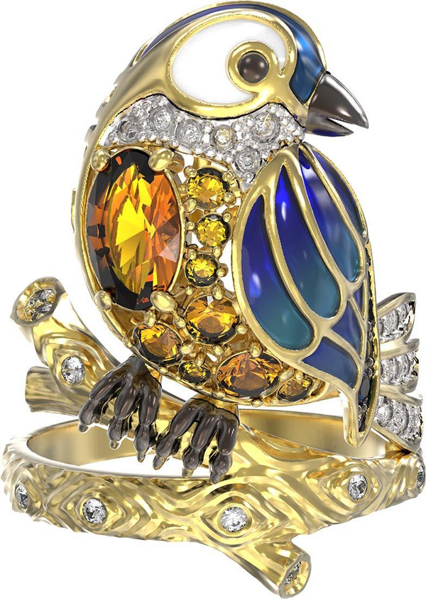 Кольцо из лимонного золота 585 пробы c эмалью, фианитом, цитрином и сапфиром