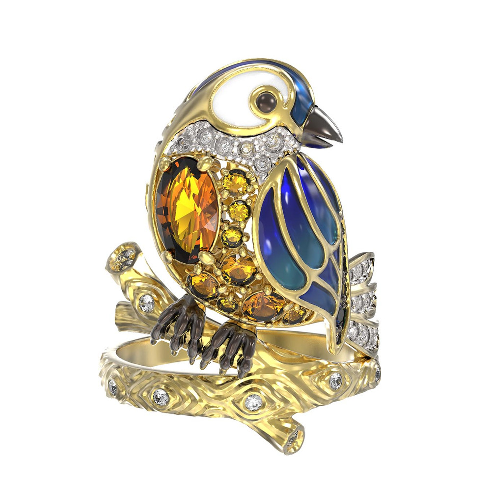 Кольцо из лимонного золота 585 пробы c эмалью, фианитом, цитрином и сапфиром