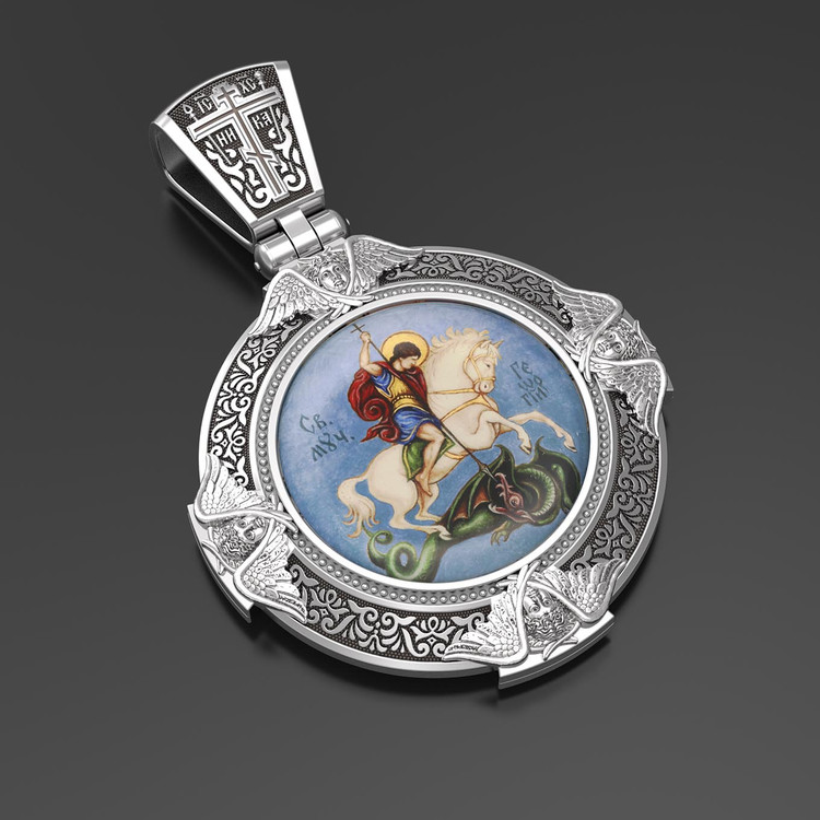 Нательная икона из белого золота 585 пробы c эмалью, иконописью и темперой