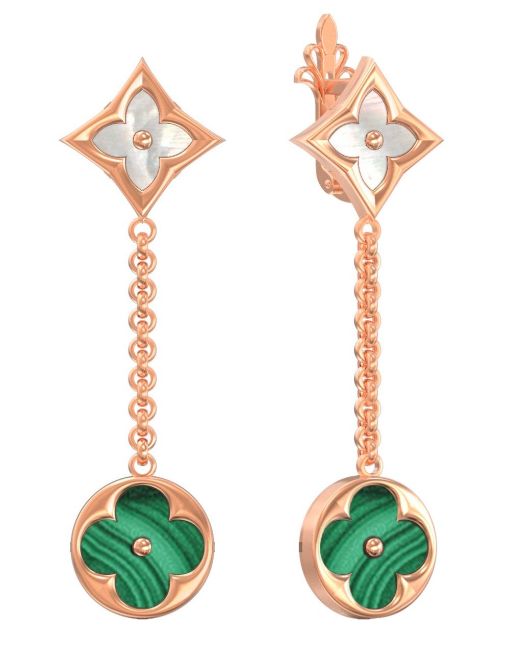 Серьги из золота c малахитом и перламутром