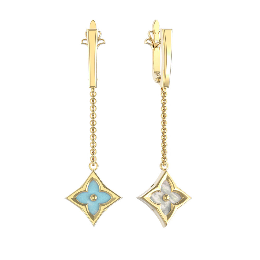 Серьги из лимонного золота 585 пробы c бирюзой и перламутром