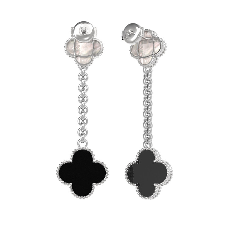 Серьги из белого золота 585 пробы c ониксом и перламутром