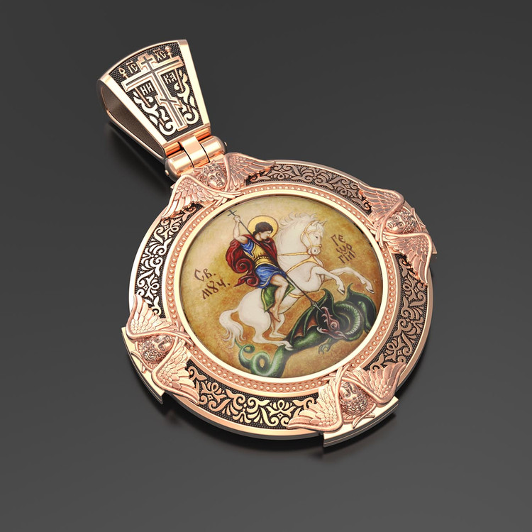 Нательная икона из красного золота 585 пробы c эмалью, иконописью и темперой