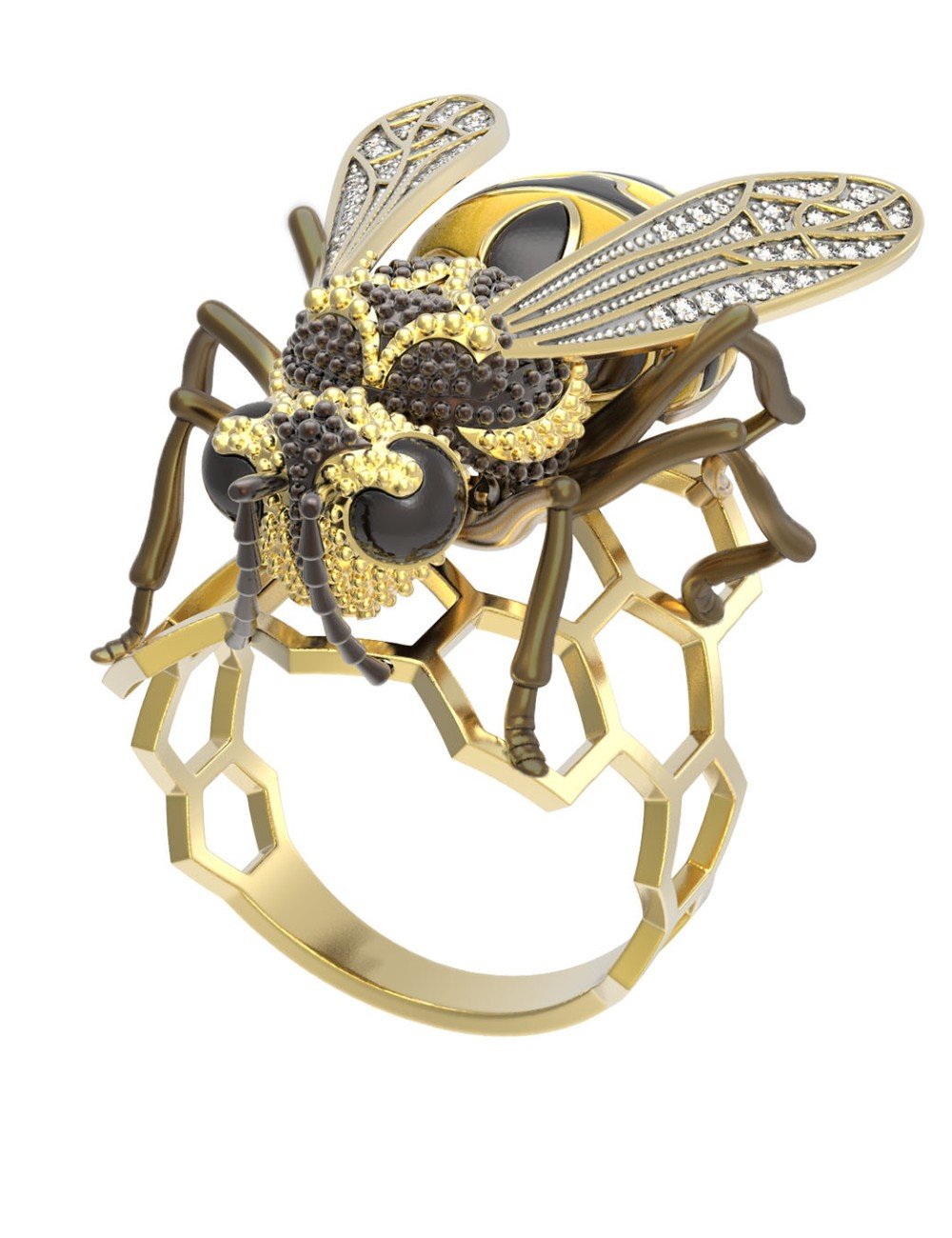 Кольцо из лимонного золота c эмалью и фианитом