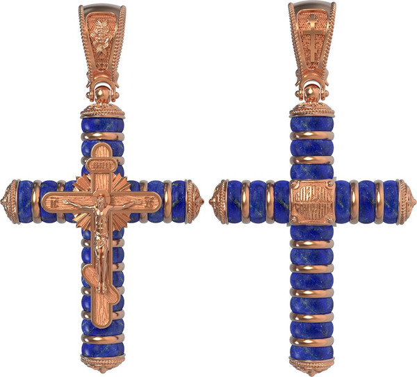 Крест из красного золота 585 пробы c лазуритом