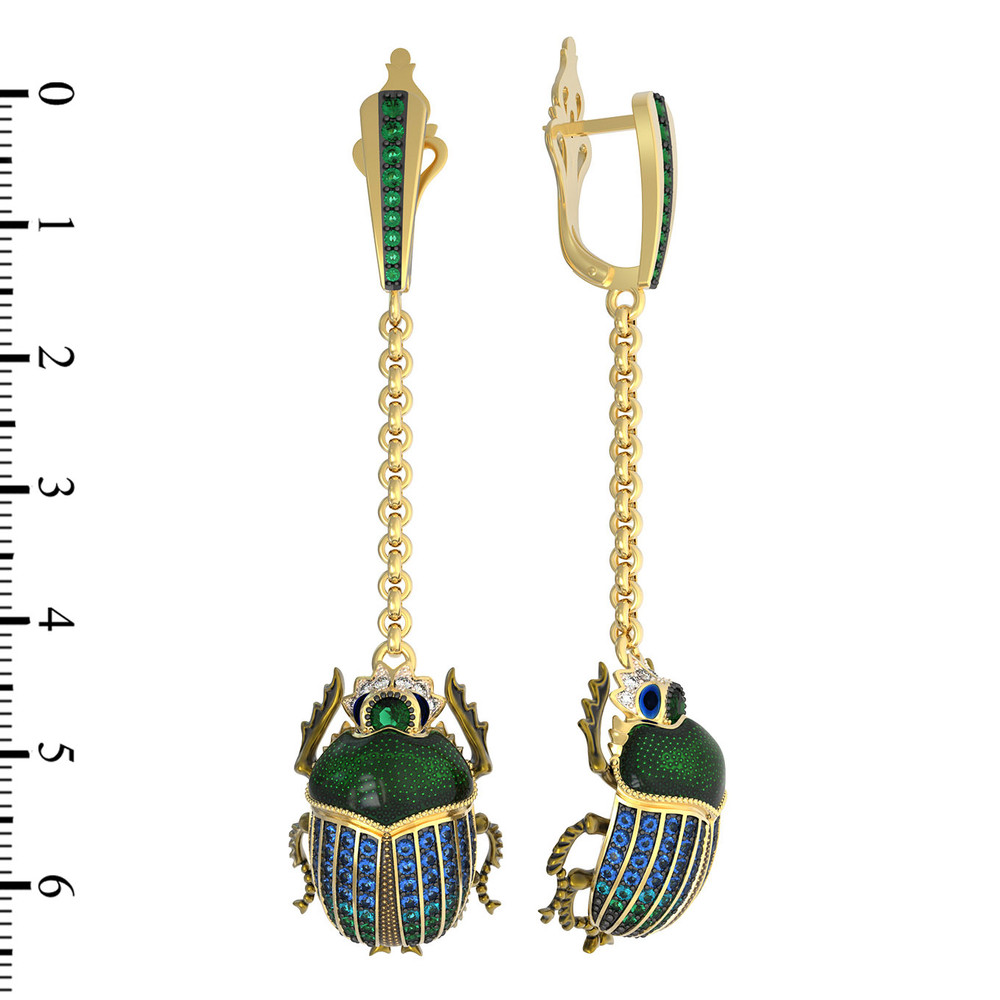 Серьги из лимонного золота 585 пробы c эмалью, фианитом, турмалином и сапфиром