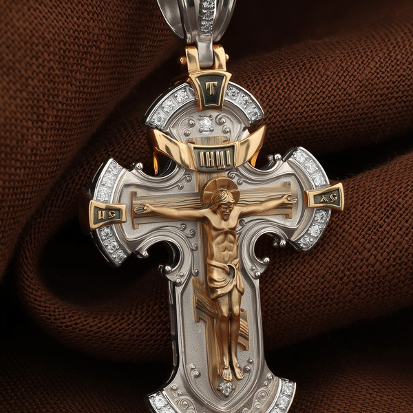 Крест из белого золота 585 пробы c бриллиантами