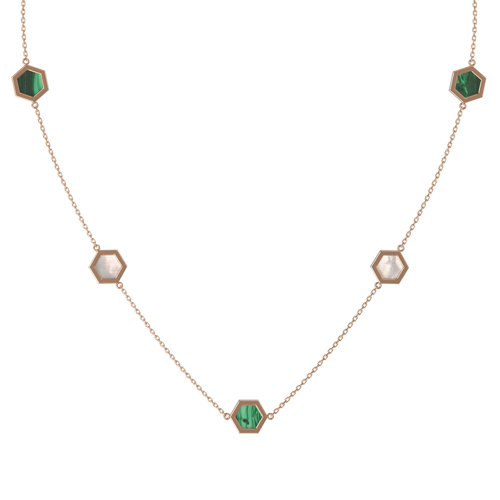 Колье из красного золота 585 пробы c малахитом и перламутром