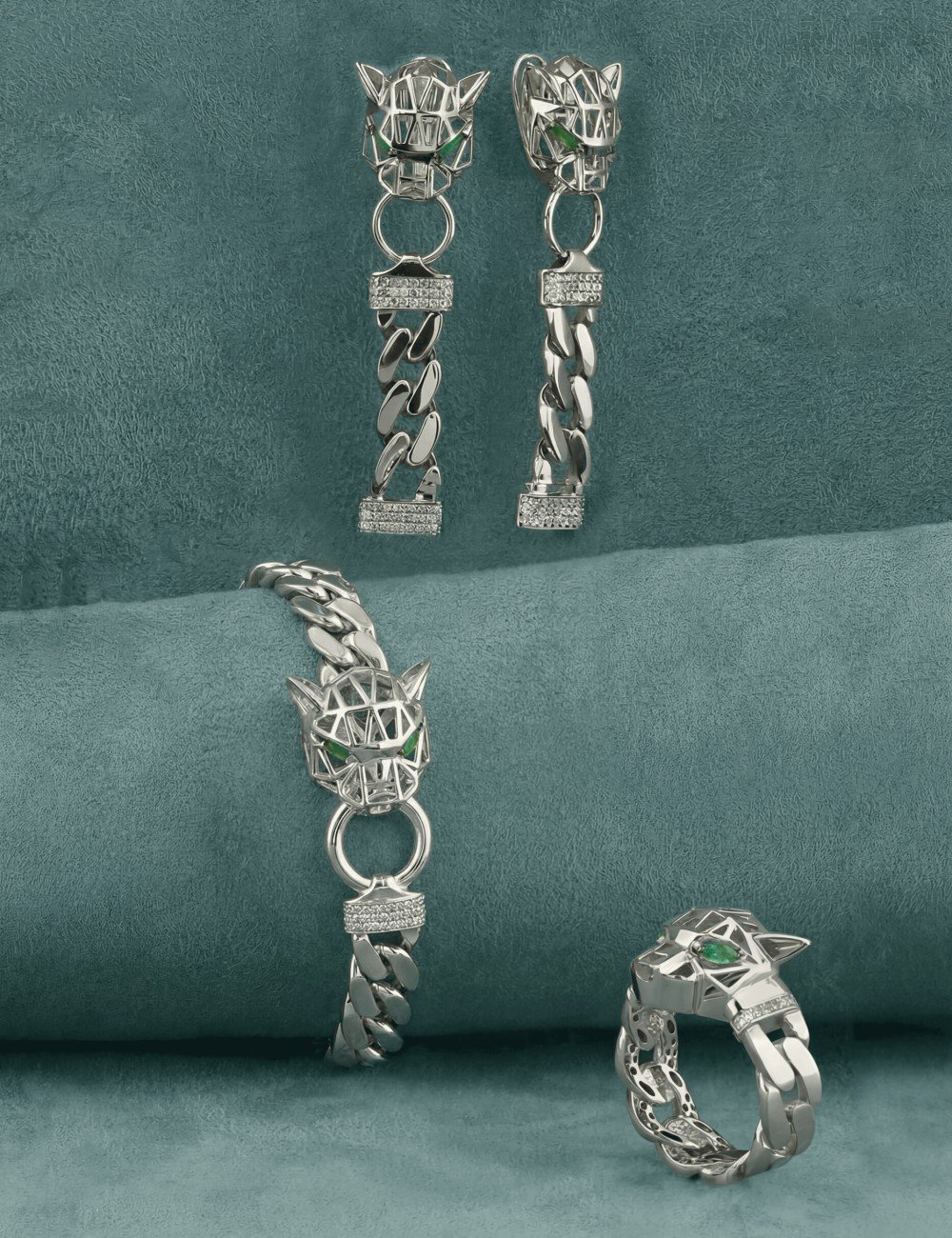 Серьги из белого золота c бриллиантами и изумрудом