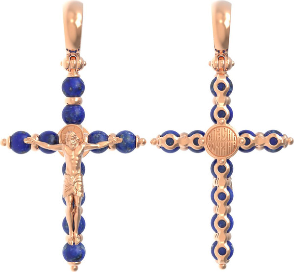 Крест из красного золота 585 пробы c лазуритом