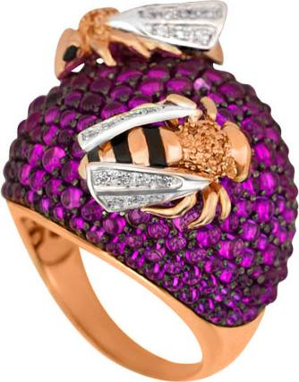 Кольцо из красного золота 585 пробы c эмалью и фианитом