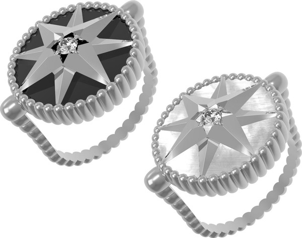 Кольцо из белого золота 585 пробы c фианитом, ониксом и перламутром