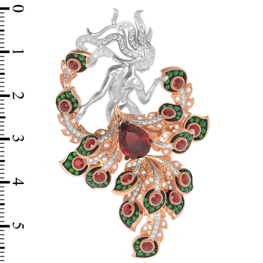Брошь-подвеска из красного золота 585 пробы c фианитом и гранатом