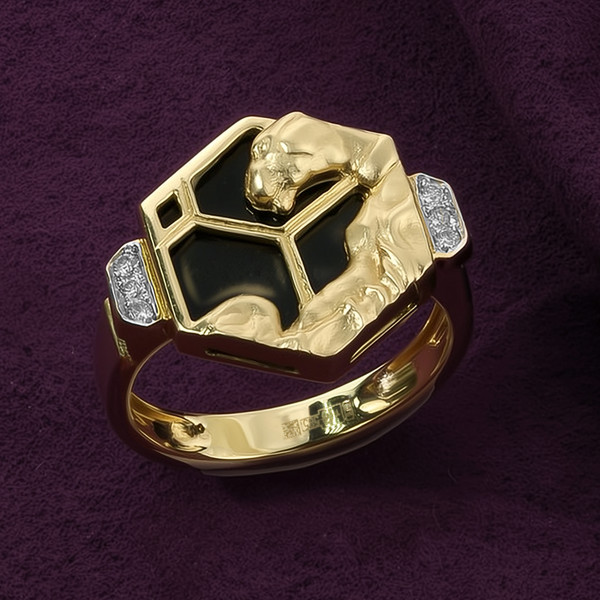 Кольцо из лимонного золота 585 пробы c бриллиантами и ониксом