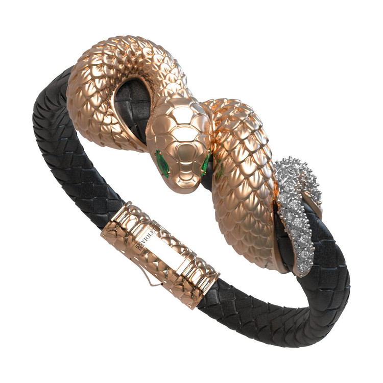 Браслет из красного золота 585 пробы c бриллиантами, изумрудом и шнурком