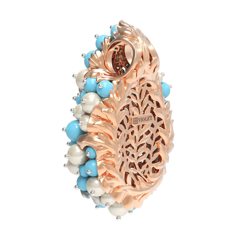 Подвеска из красного золота 585 пробы c жемчугом и бирюзой