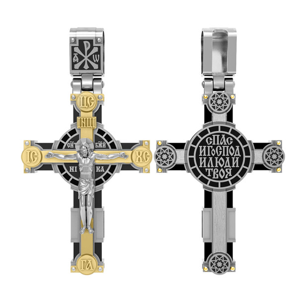 Крест из белого золота 585 пробы c эмалью и эбеновым деревом