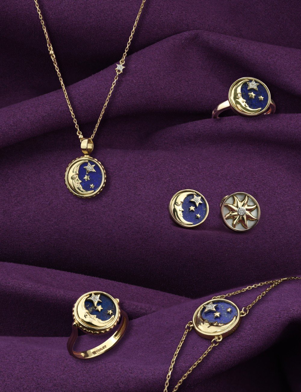 Кольцо из лимонного золота c бриллиантами, лазуритом и перламутром