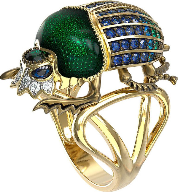 Кольцо из лимонного золота 585 пробы c эмалью, фианитом и турмалином