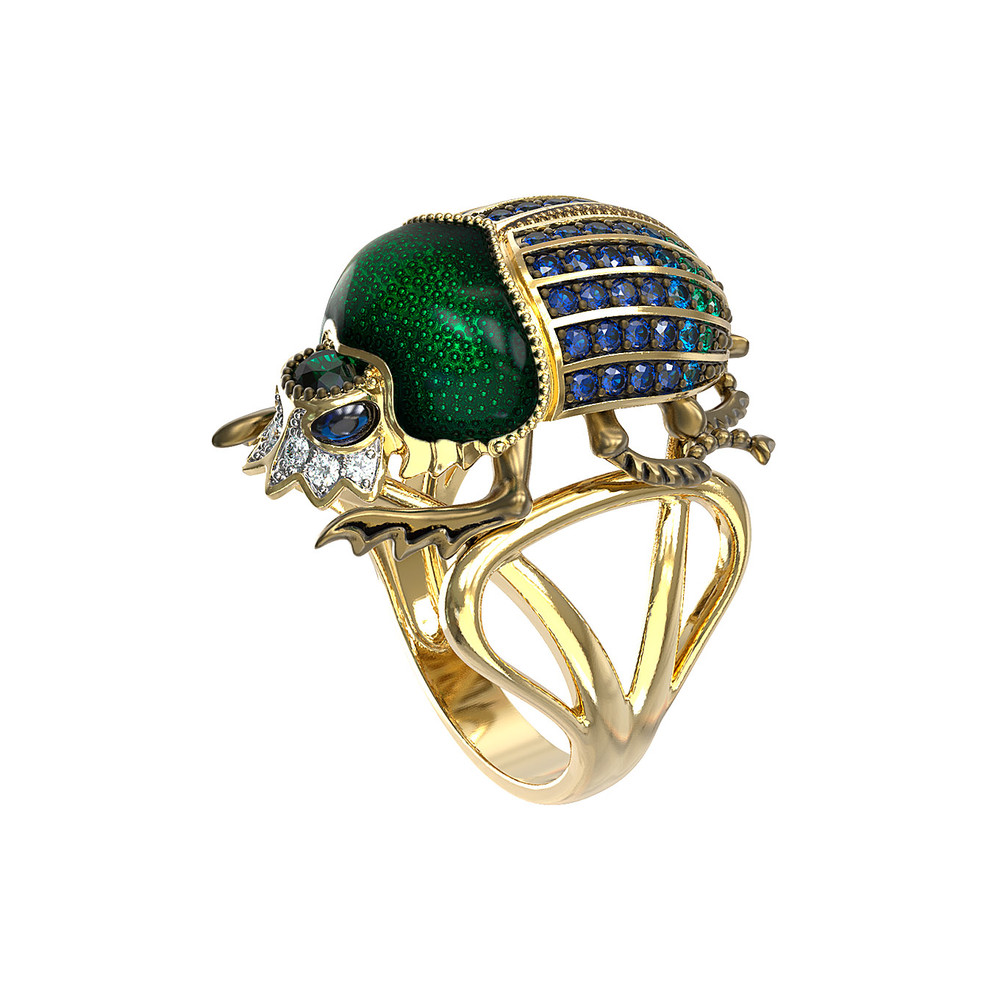 Кольцо из лимонного золота 585 пробы c эмалью, фианитом и турмалином