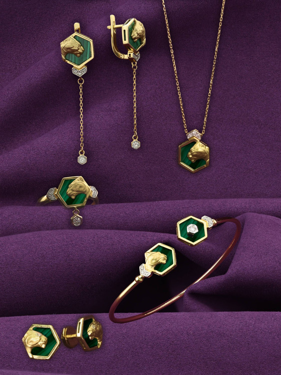 Серьги из лимонного золота 585 пробы c бриллиантами и малахитом