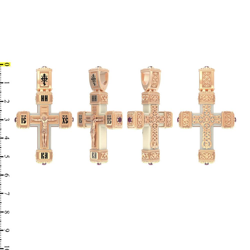 Крест из красного золота 585 пробы c эмалью, рубином и бивнем мамонта
