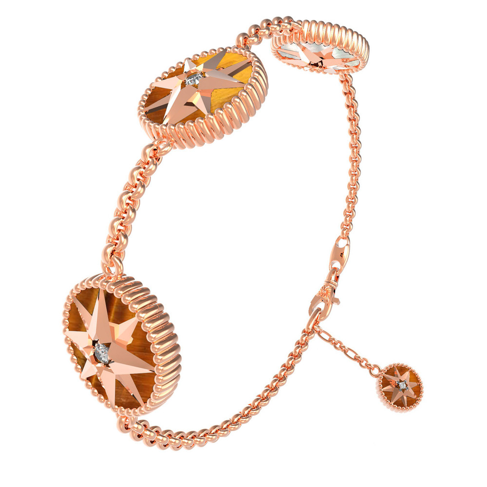 Браслет из красного золота 585 пробы c фианитом, тигровым глазом и перламутром