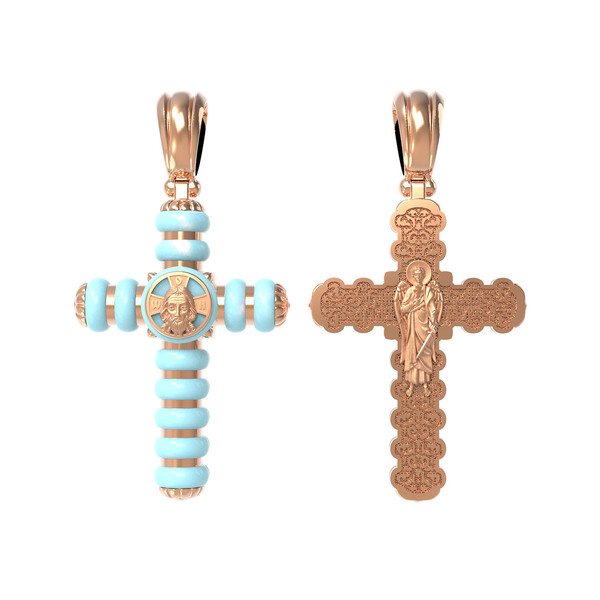 Крест из красного золота 585 пробы c бирюзой